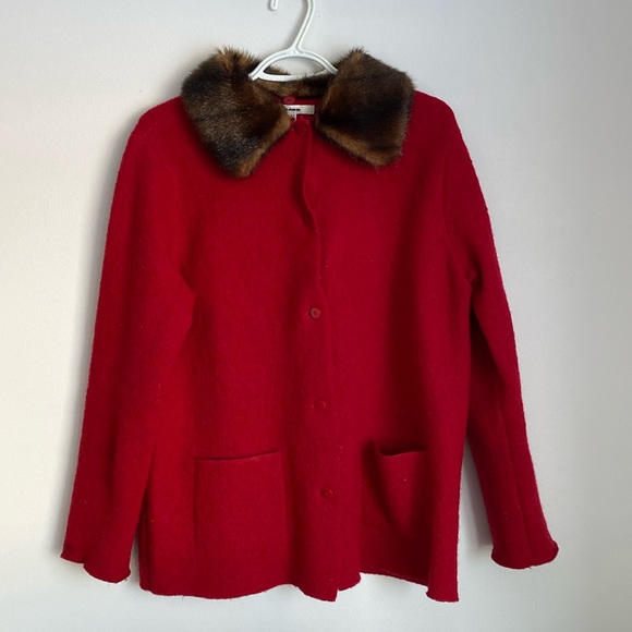 Nygard red 100% wool medium vintage women’s sweater/jacket with faux fur collar. - Picture 1 of 12